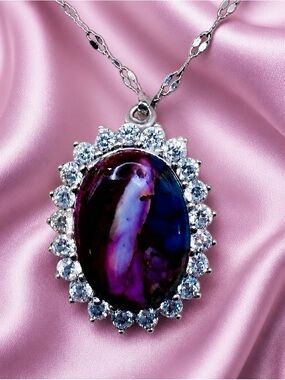 Huge Mohave Oyster Turquoise Cabachon gemstone and White Topaz Pendant Necklace